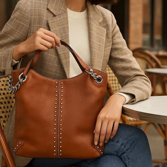 👜 Michael Kors Astor Large Hobo – Cognac Glazed Leather Studded Bag - Picture 1 of 15